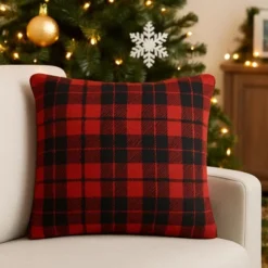 C&F Home Red & Black Plaid Christmas Cotton Blend Accent Throw Pillow 18" X 18"