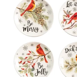 C&F Home 6" X 6" Holiday Sentiment Dolomite Round Dessert Plates Featuring Red Cardinals On Tree Branches Set Of 4