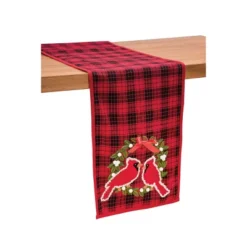 C&F Home Christmas Holiday Red Cardinal W/ Wreath Red & Black Plaid Cotton Table Runner 13" X 72"
